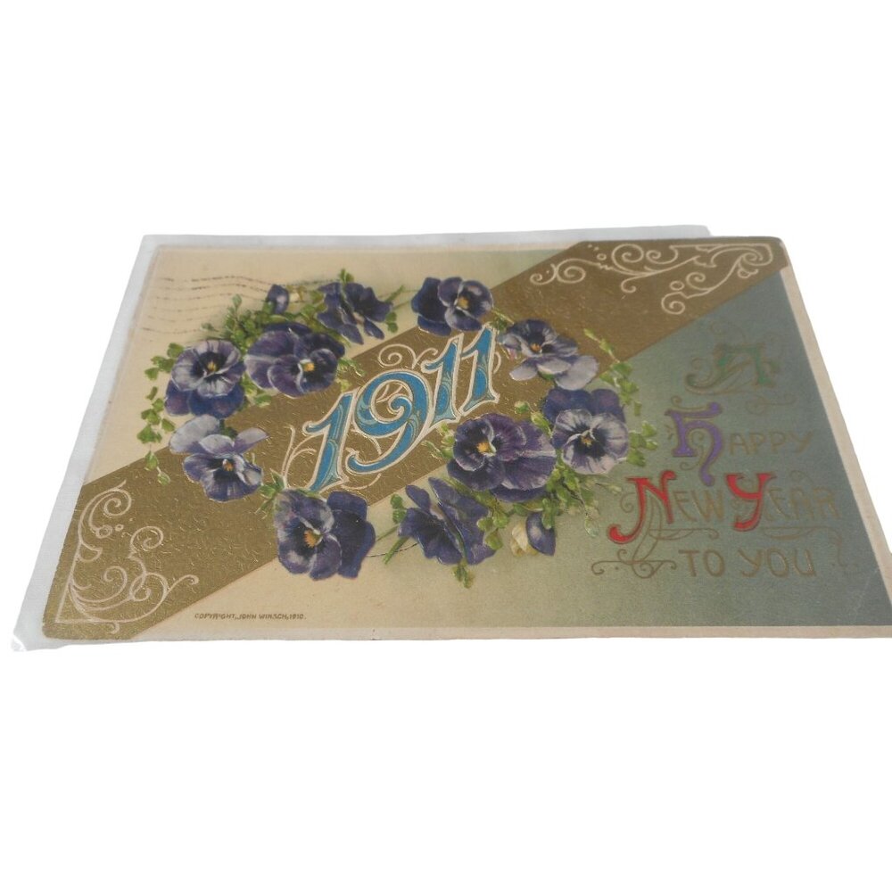 Vintage 1911 New Year's Postcard posted Floral Embossed